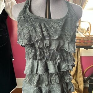 Zenana Outfitters Ruffled Lace-Trim Tank Top in Dark Gray